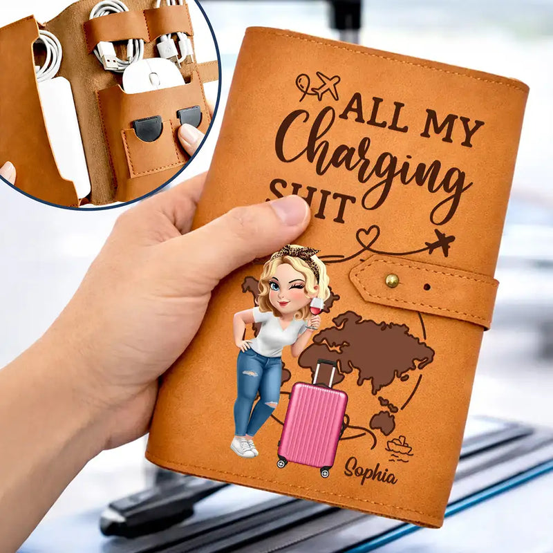 Gift For Yourself, Gift For Women, Gift For Men, Travel, Happy - All My Charging Sh*t Turban Woman Man - Personalized Leather Cable Bag