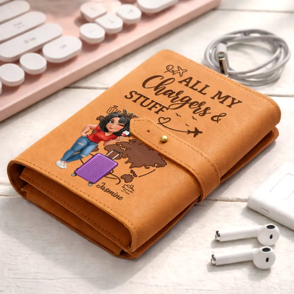 Gift For Yourself, Gift For Women, Gift For Men, Travel, Happy - All My Charging Sh*t Turban Woman Man - Personalized Leather Cable Bag