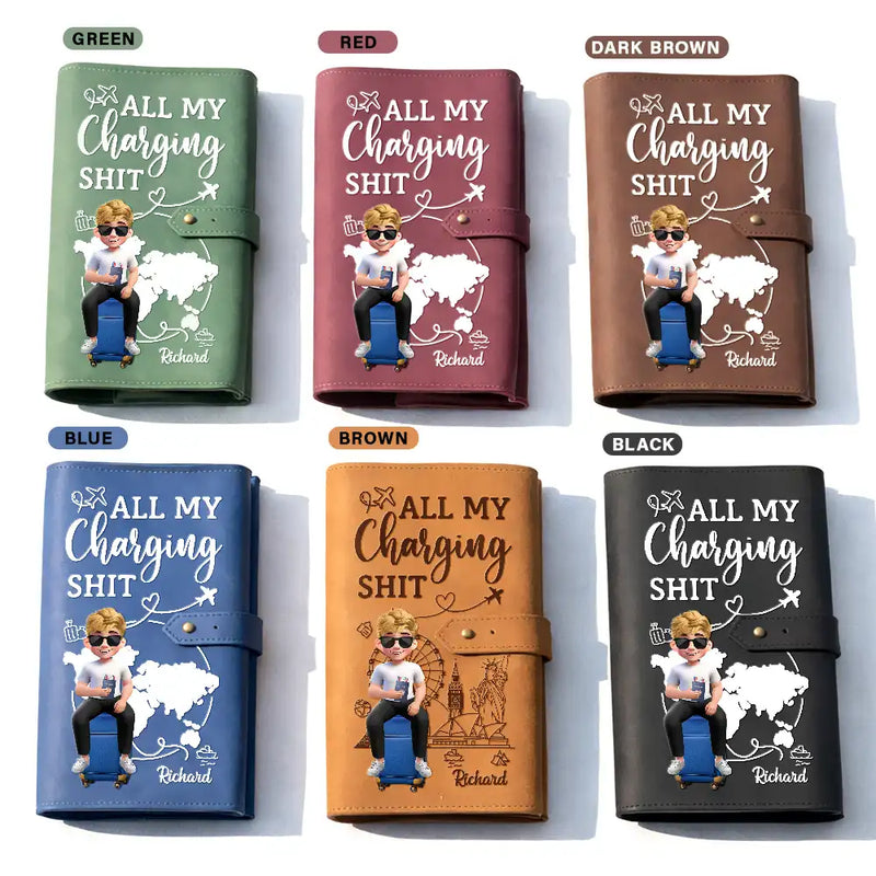 Gift For Yourself, Gift For Women, Gift For Men, Travel, Happy - All My Charging Stuff - Personalized Leather Cable Bag