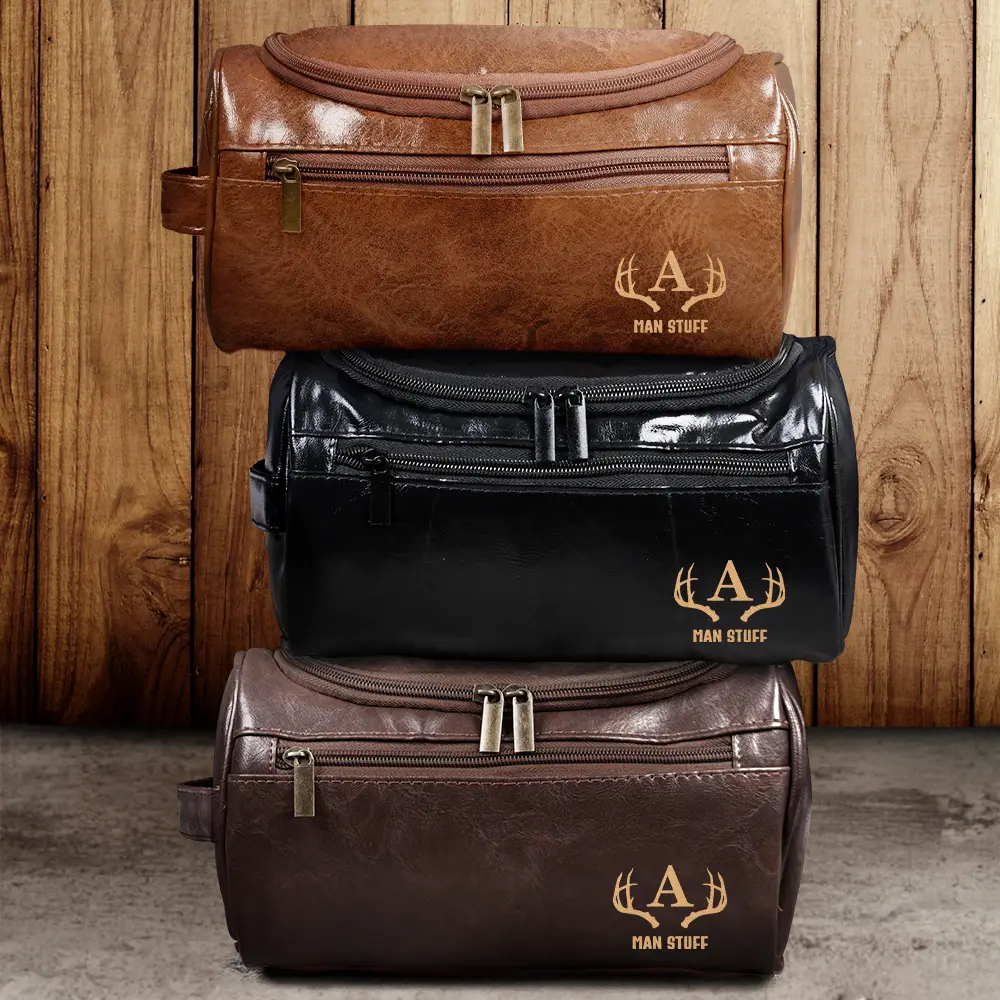 Gift For Men,Travel,Cruising,Happy,Icon - All My Cruise Crap Monogram - Personalized Leather Toiletry Bag