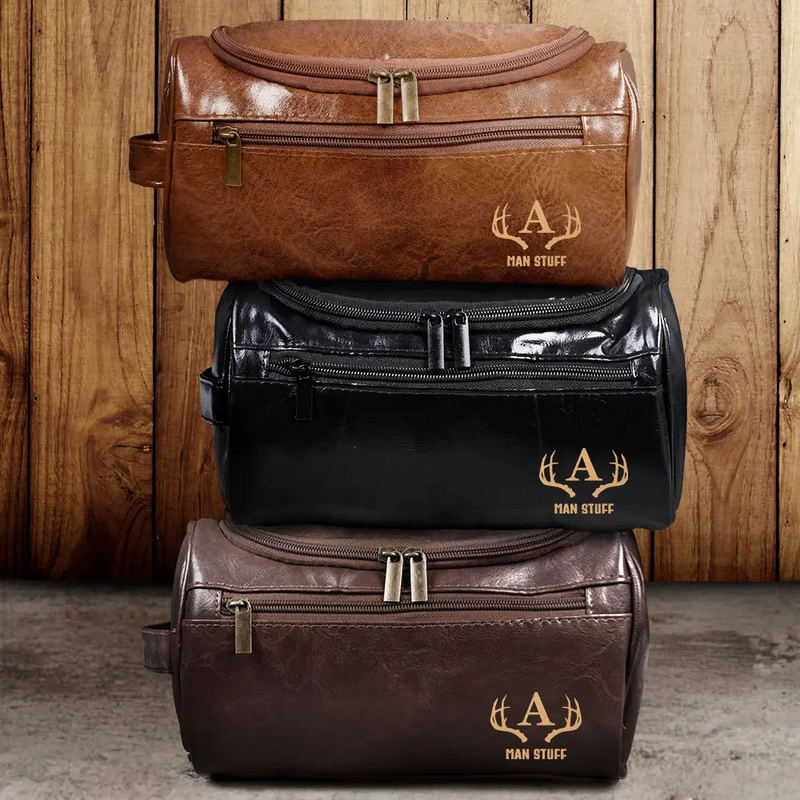 Gift For Men,Travel,Cruising,Happy,Icon - All My Cruise Crap Monogram - Personalized Leather Toiletry Bag