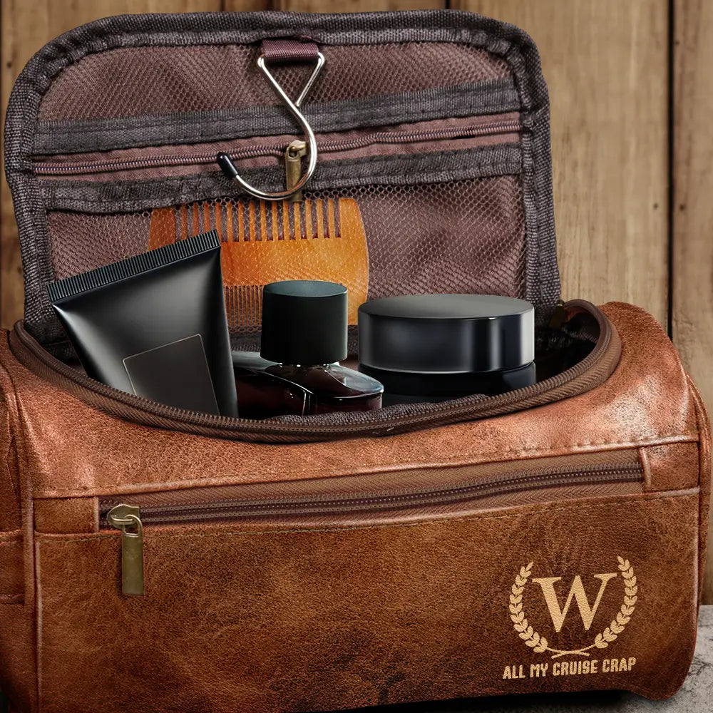 Gift For Men,Travel,Cruising,Happy,Icon - All My Cruise Crap Monogram - Personalized Leather Toiletry Bag