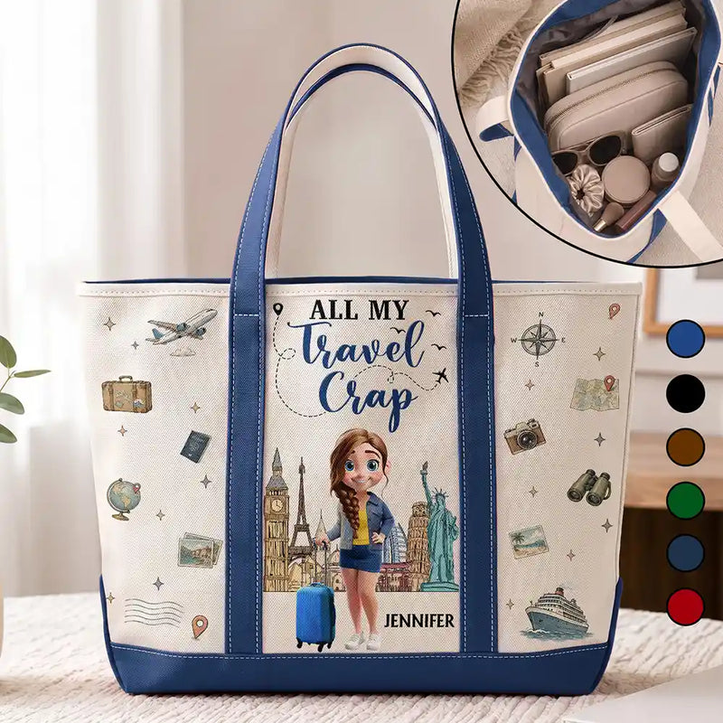 Travel,Gift For Yourself,Gift For Women,Vector,Happy - All My Travel Crap - Personalized Fabric Tote Bag