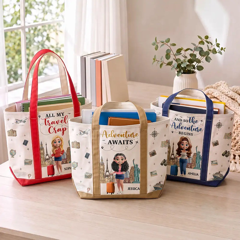 Travel,Gift For Yourself,Gift For Women,Vector,Happy - All My Travel Crap - Personalized Fabric Tote Bag