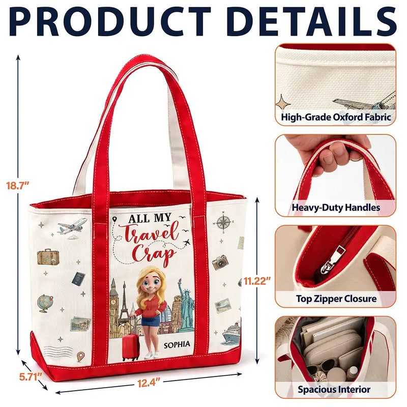 Travel,Gift For Yourself,Gift For Women,Vector,Happy - All My Travel Crap - Personalized Fabric Tote Bag