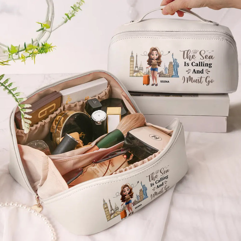 Travel,Gift For Yourself,Gift For Women,Happy - All My Travel Crap - Personalized Leather Makeup Bag