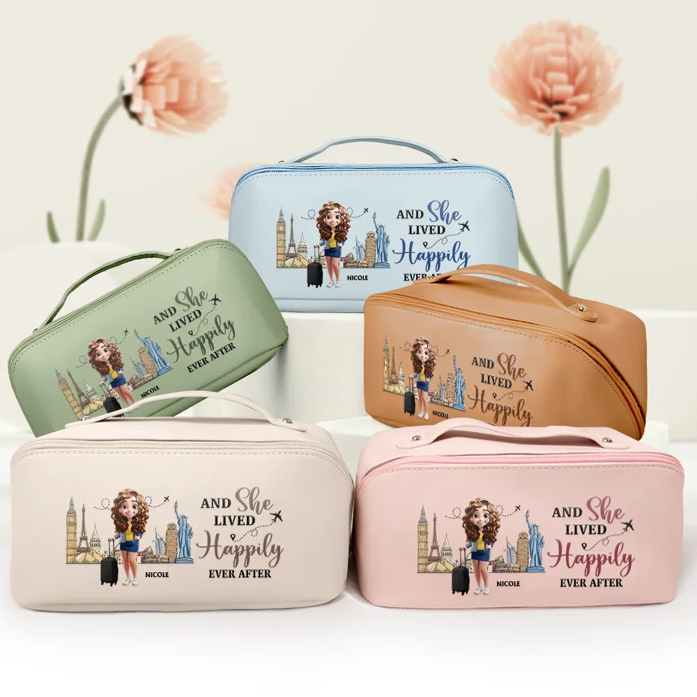 Travel,Gift For Yourself,Gift For Women,Happy - All My Travel Crap - Personalized Leather Makeup Bag