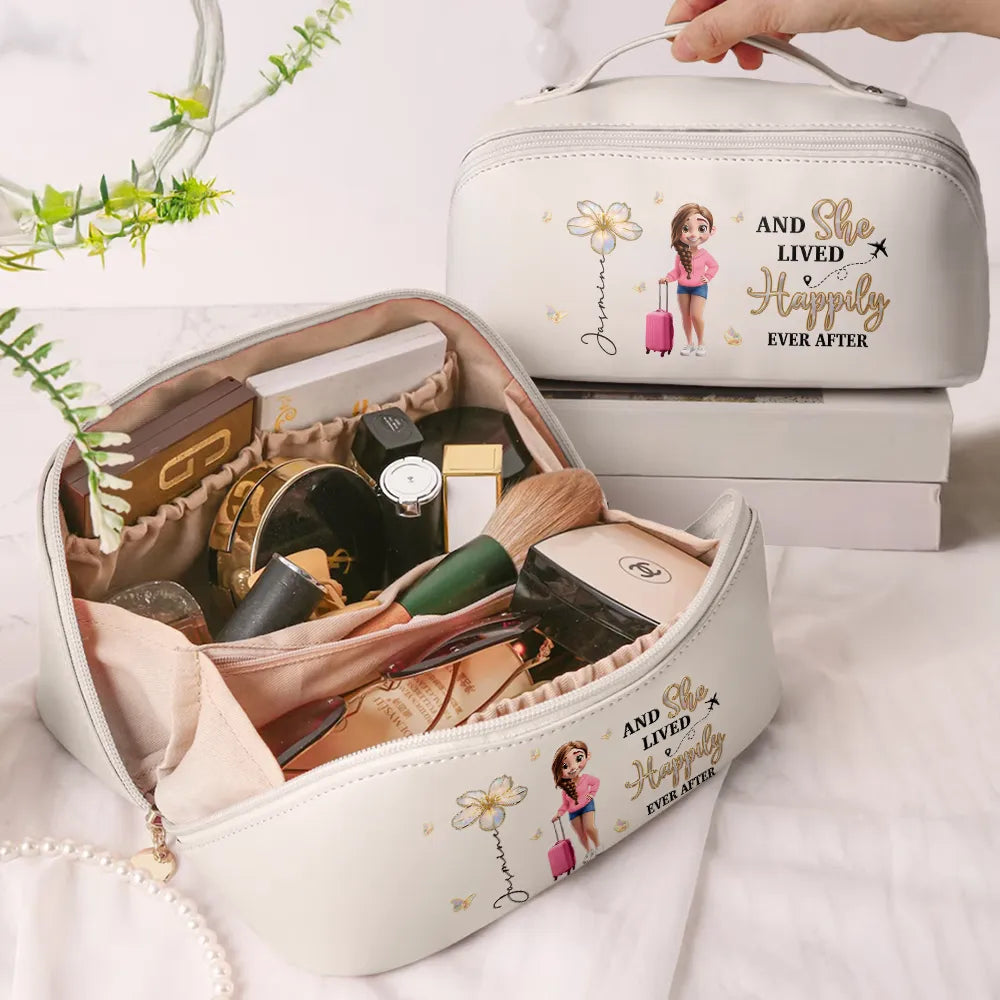 Travel,Gift For Yourself,Gift For Women,Happy - All My Travel Crap - Personalized Leather Makeup Bag