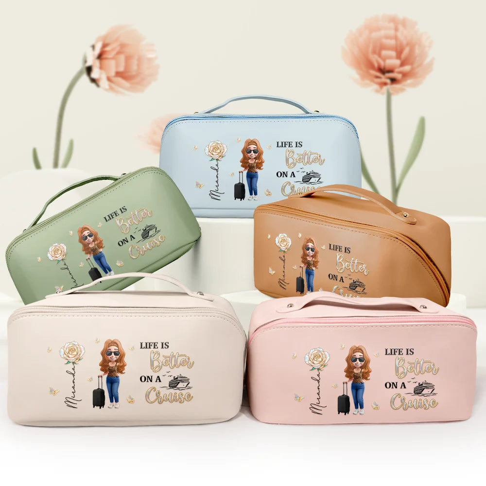 Travel,Gift For Yourself,Gift For Women,Happy - All My Travel Crap - Personalized Leather Makeup Bag