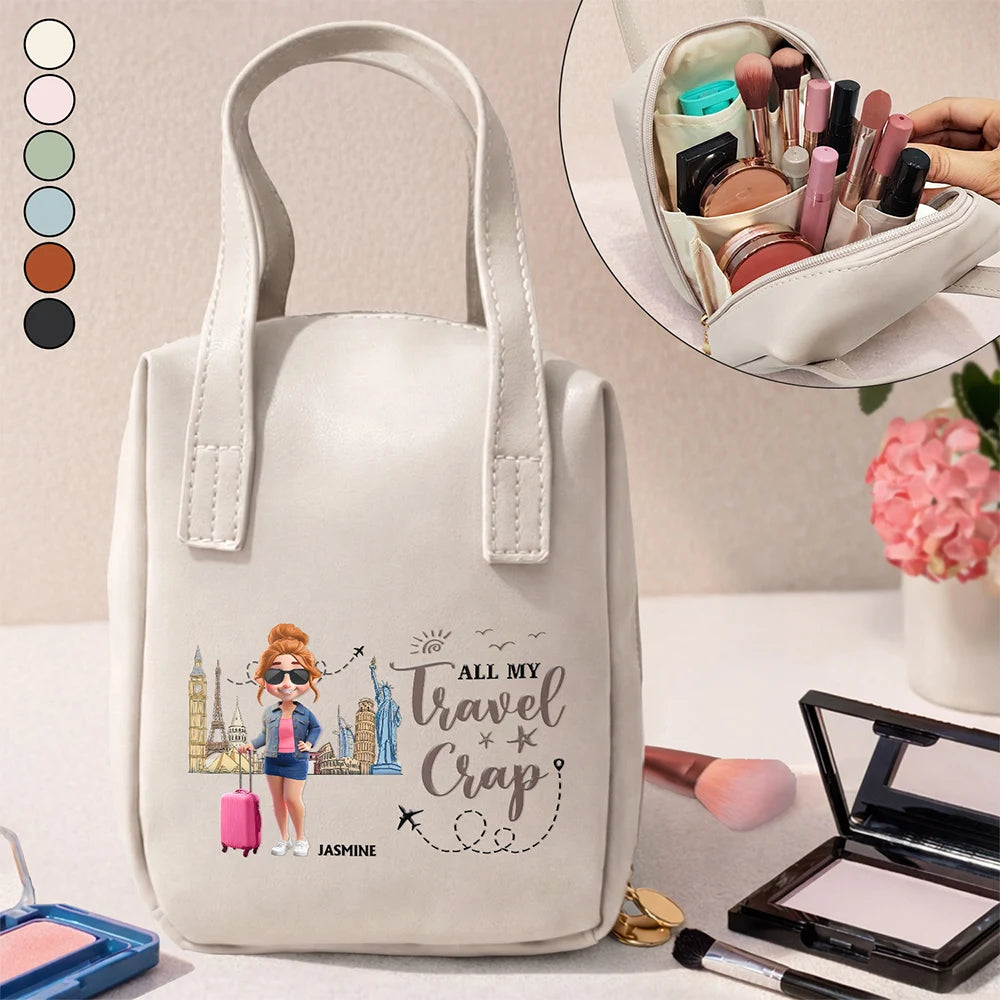 Travel, Gift For Yourself, Gift For Women, Happy - All My Travel Crap - Personalized Leather Makeup Bag With Handle