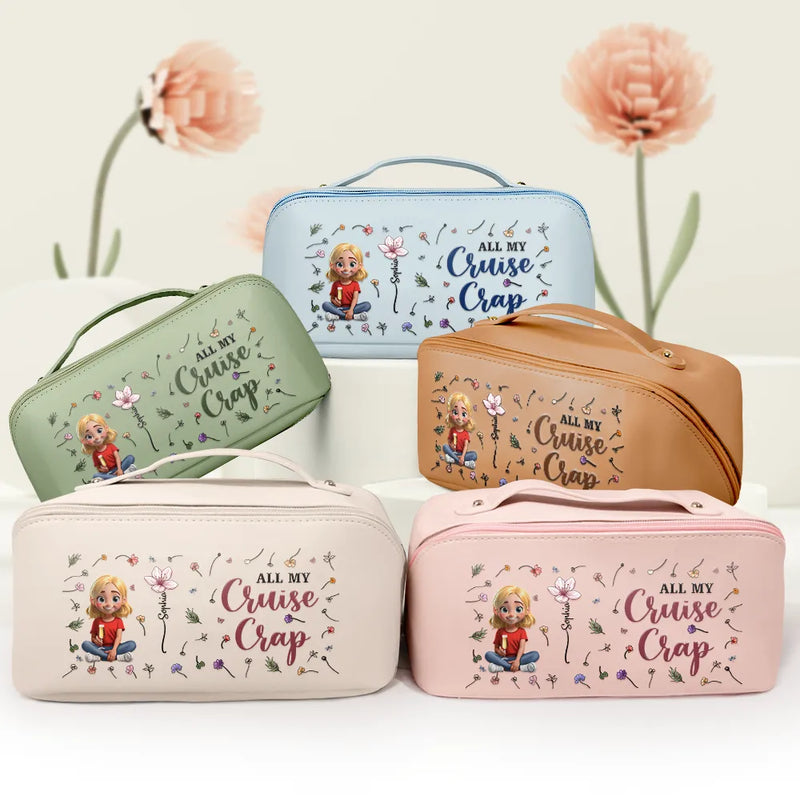 Travel, Gift For Women, Gift For Yourself, Happy - All My Travel Cruise Crap Here Birth Month Flower - Personalized Leather Makeup Bag