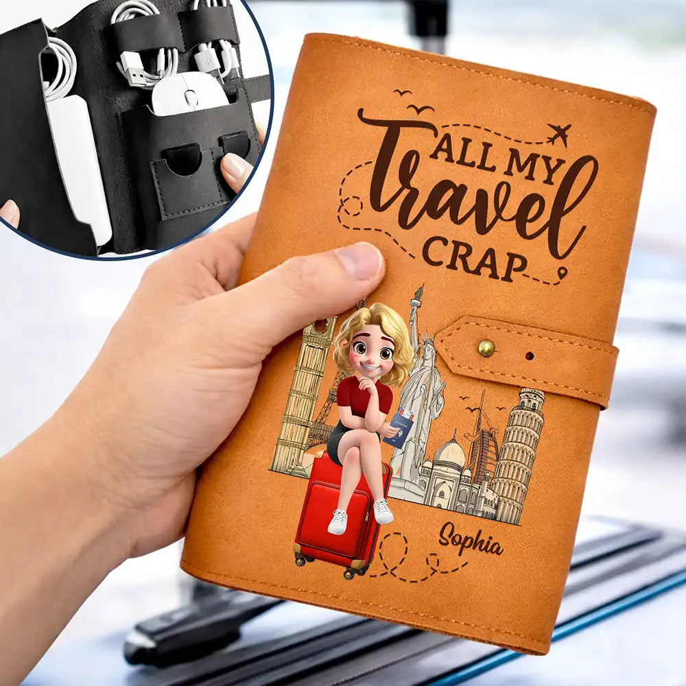 All My Travel Crap Woman Man - Personalized Leather Cable Bag