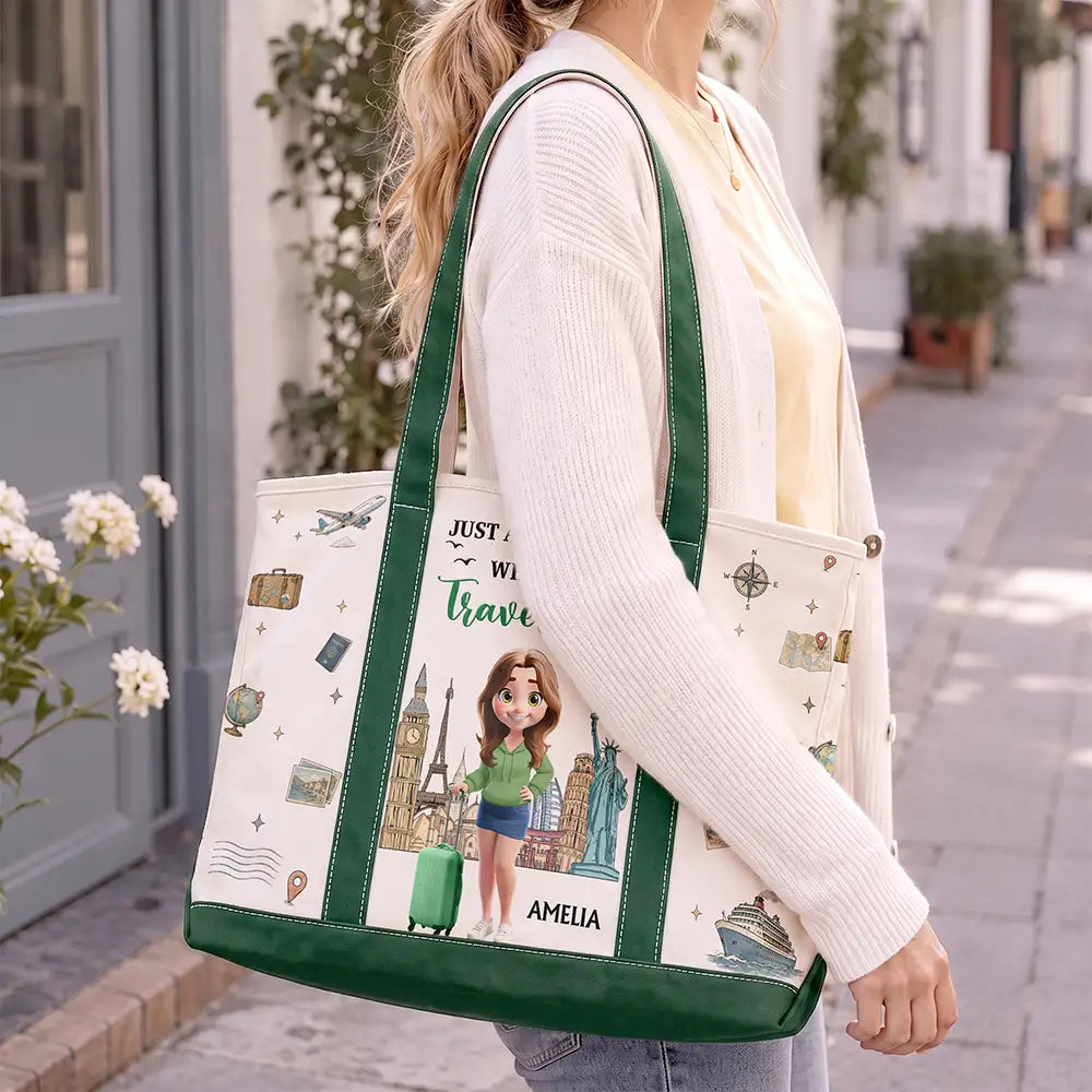 Travel,Gift For Yourself,Gift For Women,Vector,Happy - All My Travel Crap - Personalized Fabric Tote Bag