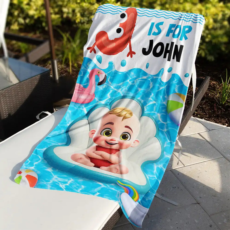Gift For Kids, Gift For Daughter, Gift For Son, Gift For Sibling, Gift For Sisters, Gift For Brothers, Summer, Beach, Poolside, Swimming, Happy - Alphabet Kid Baby On Swimming Pool Float - Personalized Beach Towel