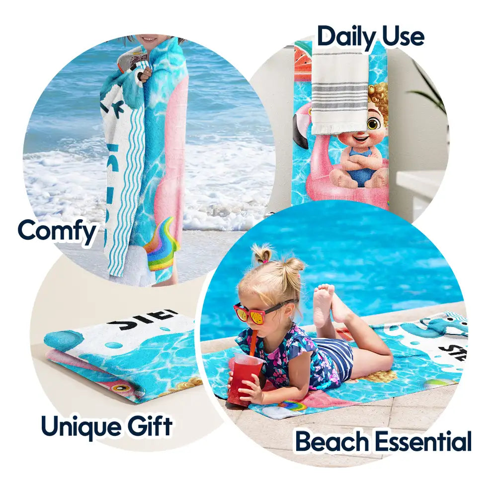 Gift For Kids, Gift For Daughter, Gift For Son, Gift For Sibling, Gift For Sisters, Gift For Brothers, Summer, Beach, Poolside, Swimming, Happy - Alphabet Kid Baby On Swimming Pool Float - Personalized Beach Towel