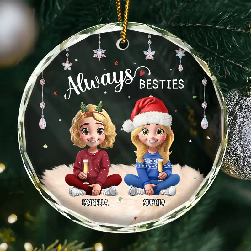 Gift For Bestie, Happy, Christmas - Always Besties 3D Effect - Personalized Circle Glass Ornament