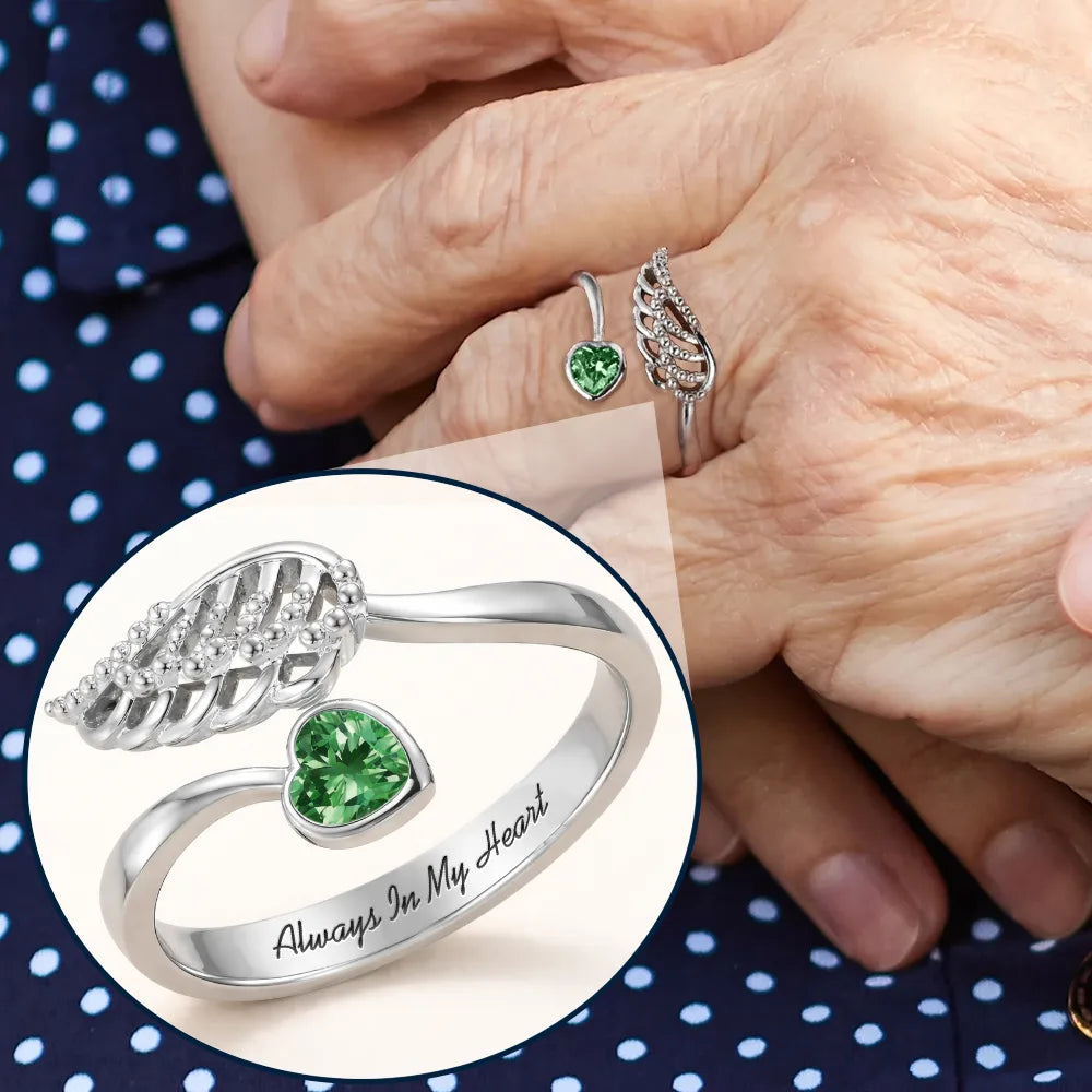 Always In My Heart - Personalized Wing And Heart Birthstone Ring