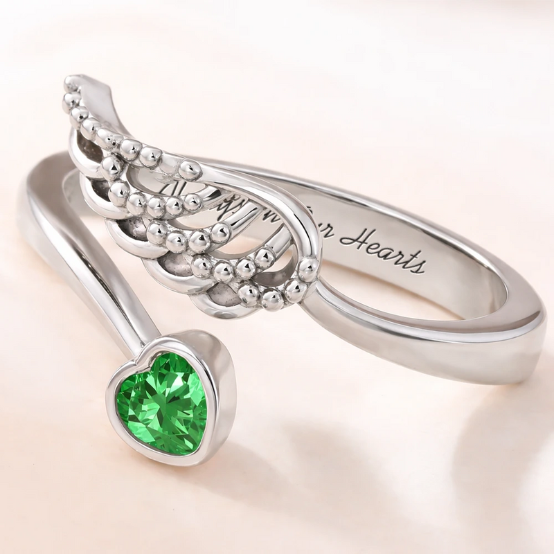 Memorial,Pet Lovers,Pet Mom - Sweetest Hello Hardest Goodbye - Personalized Wing And Heart Birthstone Ring