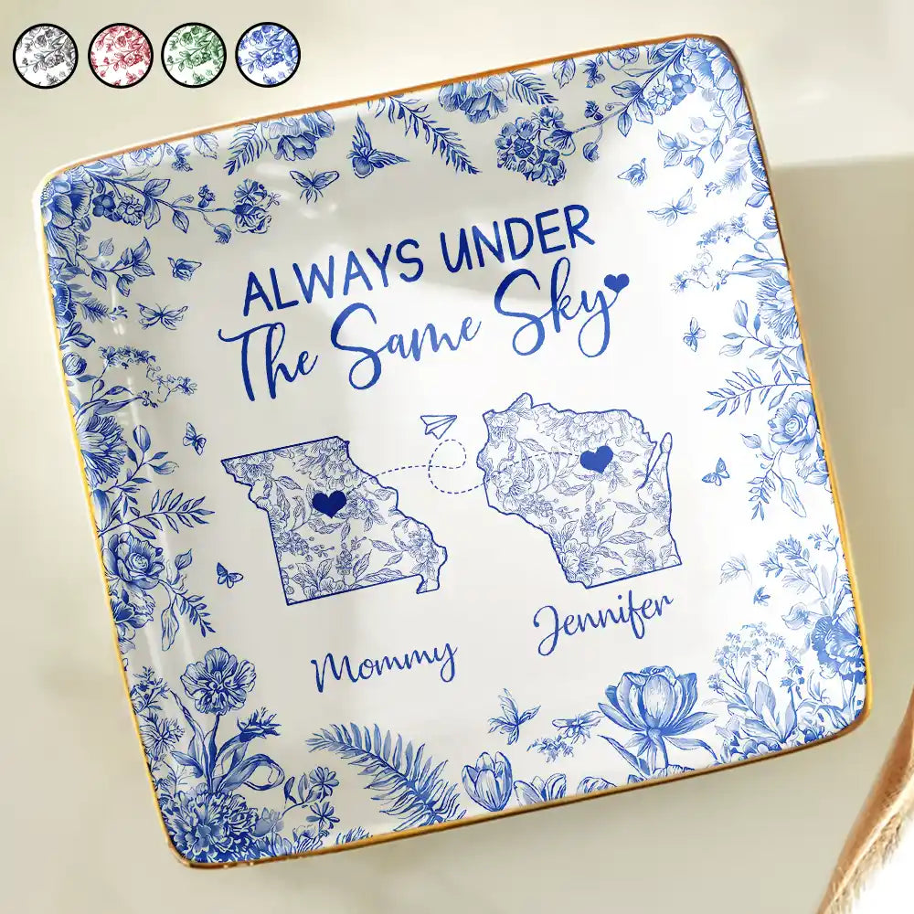 Gift For Mother,Mom - Children,Long Distance,Happy - Always Under The Same Sky Toile Pattern - Personalized Ring Dish