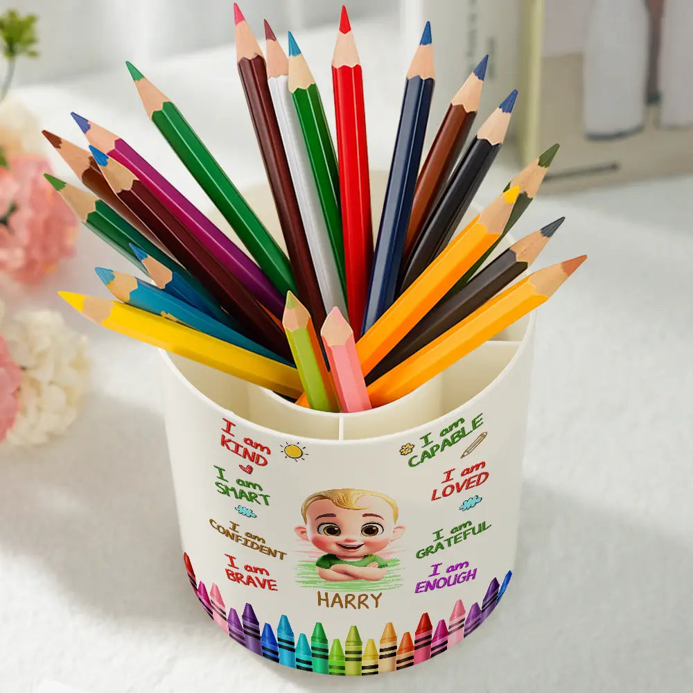 Gift For Kids,Happy - I Am Kind I Am Smart - Personalized Rotating Pen Holder