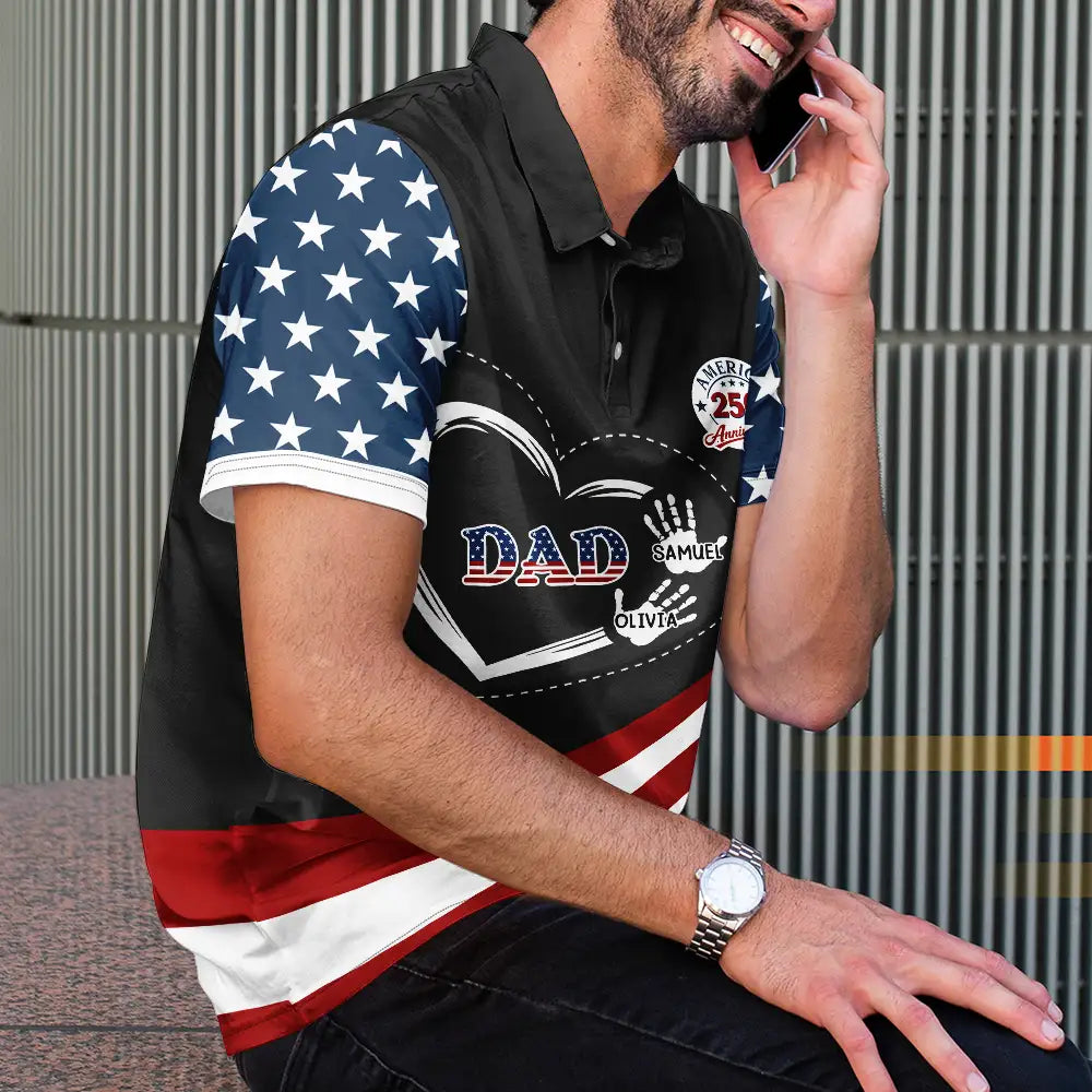 Gift For Husband,Gift For Yourself,Gift For Men,Gift For Father,Gift For Grandpa,Independence Day,America 250th,Love - America 250 Anniversary Grandpa Dad Kids Handprints - Personalized Polo Shirt