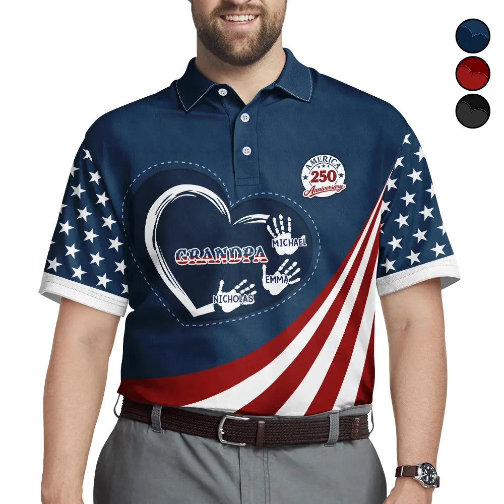 Gift For Husband,Gift For Yourself,Gift For Men,Gift For Father,Gift For Grandpa,Independence Day,America 250th,Love - America 250 Anniversary Grandpa Dad Kids Handprints - Personalized Polo Shirt