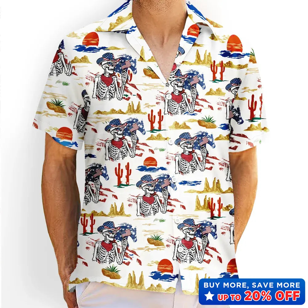 Gift For Yourself,Gift For Women,Gift For Men,Independence Day,America 250th,Happy,No Custom - America 250 Years Cowboy Skeleton Pattern - Hawaiian Shirt