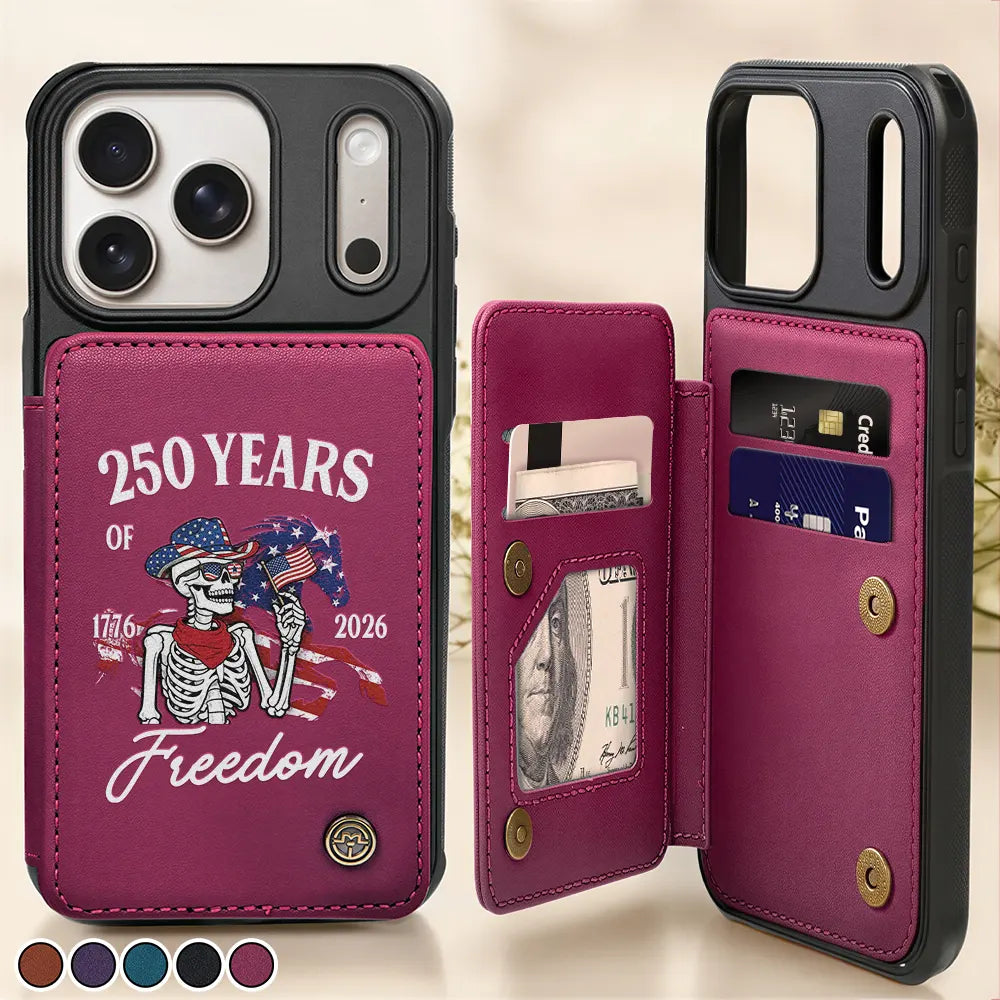 America 250 Years Of Freedom Cowboy Skeleton - Leather Flip Wallet Phone Case