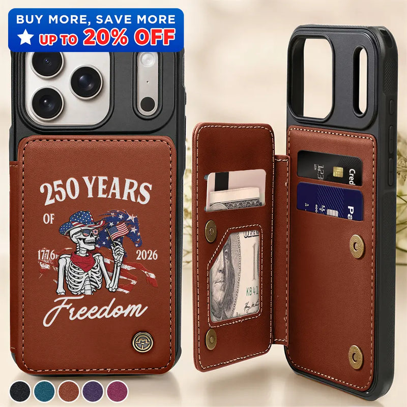 Gift For Yourself,Gift For Women,Gift For Men,Independence Day,America 250th,Happy,No Custom - America 250 Years Of Freedom Cowboy Skeleton - Leather Flip Wallet Phone Case