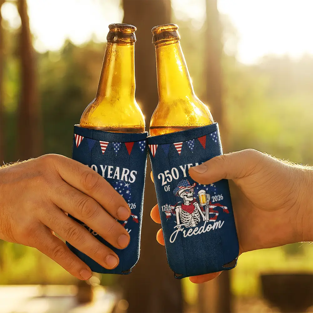 Gift For Yourself,Gift For Women,Gift For Men,Independence Day,America 250th,Happy - America 250 Years Of Freedom Cowboy Skeleton - Personalized Can Cooler Sleeve