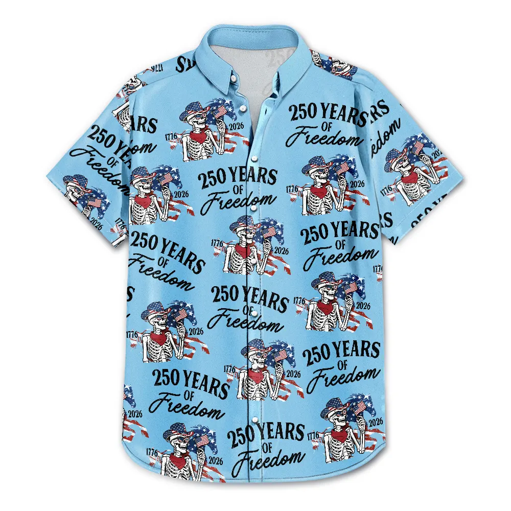 Gift For Yourself,Gift For Women,Gift For Men,Independence Day,America 250th,Happy - America 250 Years Of Freedom Cowboy Skeleton - Personalized Hawaiian Shirt