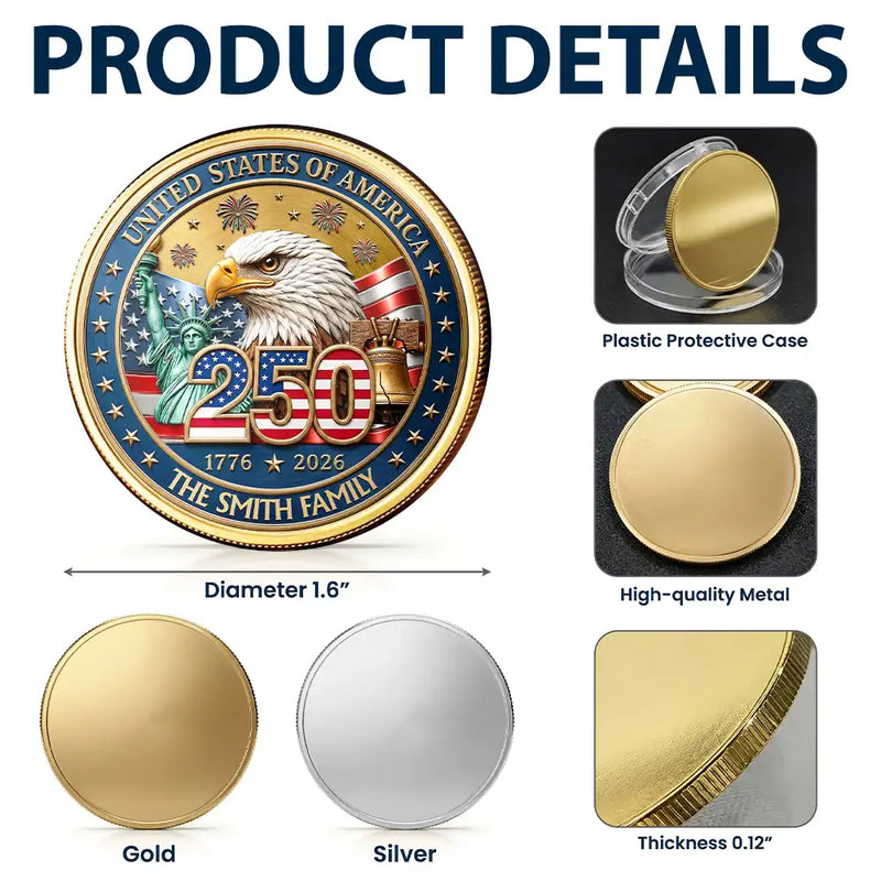 America 250th, Independence Day, Family, Proud, Custom Text - America 250th Anniversary Family Name - Personalized Commemorative Keepsake Coin