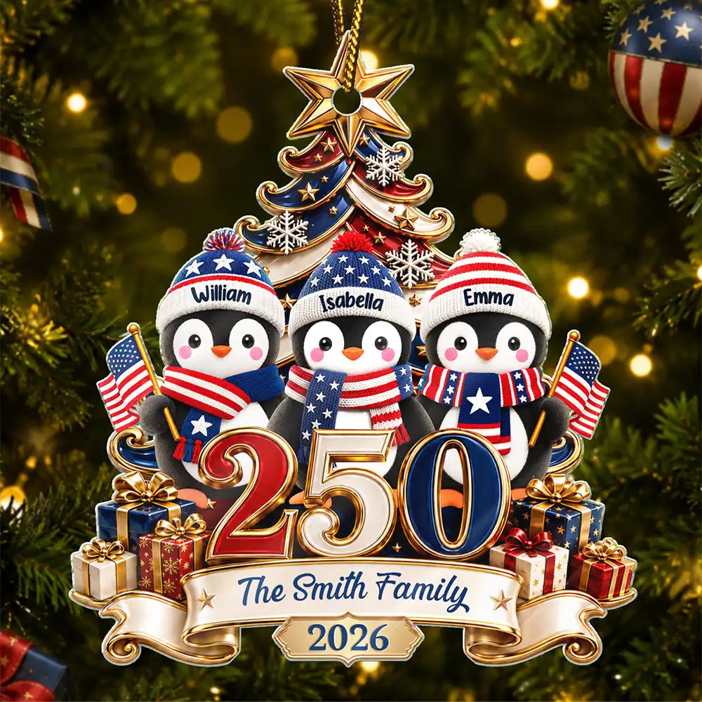 America 250th Anniversary Penguin Family Christmas - Personalized Custom Shaped Acrylic Ornament