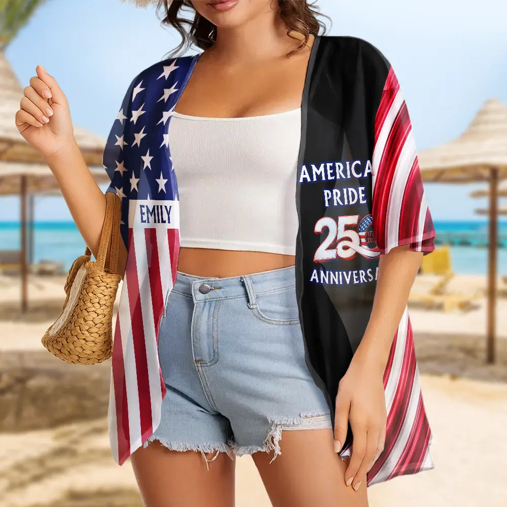 America 250th, Independence Day, Gift For Yourself, Proud, Icon - America 250th Anniversary US Pride Patriotic Eagle - Personalized Women Kimono Cardigan