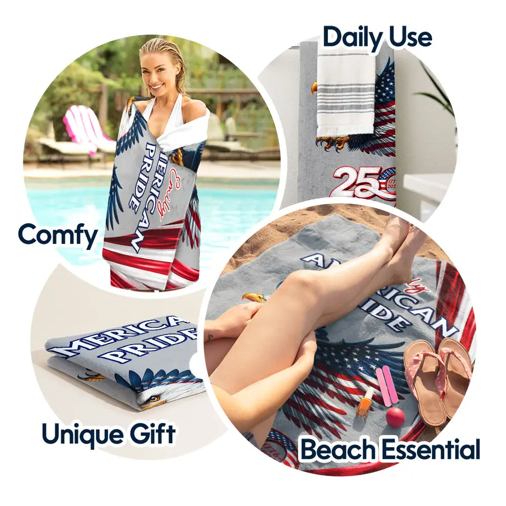 America 250th,Independence Day,Gift For Yourself,Proud,Icon - America 250th Anniversary US Pride Patriotic Eagle - Personalized Beach Towel