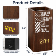 America 250th,Independence Day,Gift For Grandpa,Proud,Custom Text - America Legend Husband Dad Papa Stars And Stripes - Personalized Pen Holder With Clock