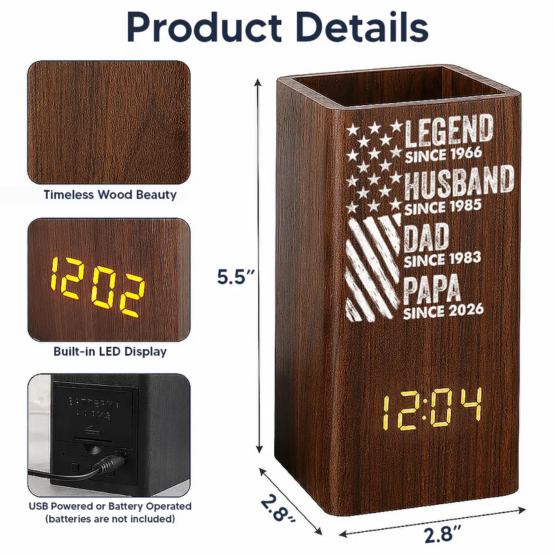 America 250th,Independence Day,Gift For Grandpa,Proud,Custom Text - America Legend Husband Dad Papa Stars And Stripes - Personalized Pen Holder With Clock