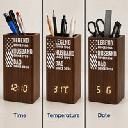 America 250th,Independence Day,Gift For Grandpa,Proud,Custom Text - America Legend Husband Dad Papa Stars And Stripes - Personalized Pen Holder With Clock