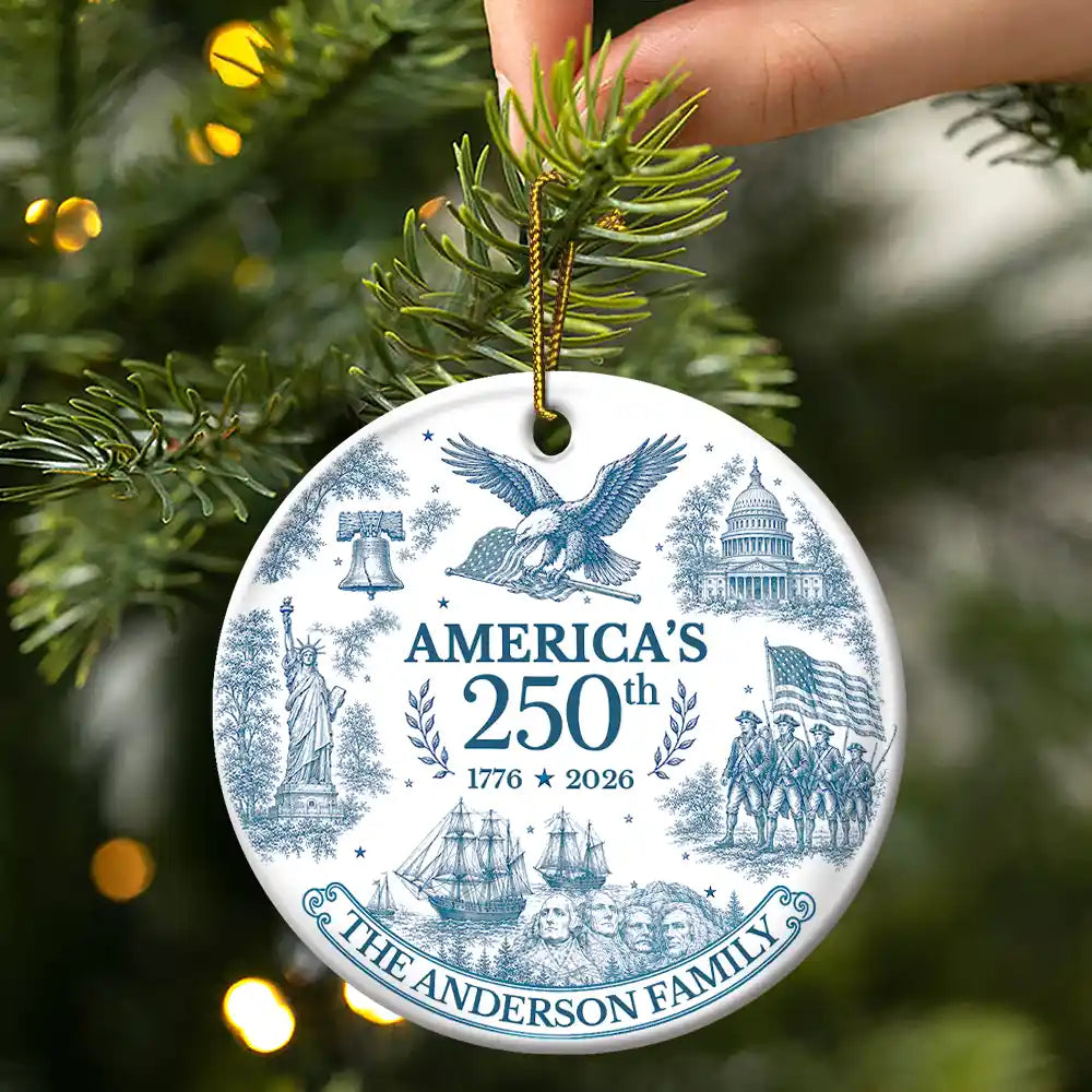 Independence Day,America 250th,Christmas,Proud,Family,Custom Text - American Patriotic Christmas Toile De Jouy - Personalized Circle Ceramic Ornament