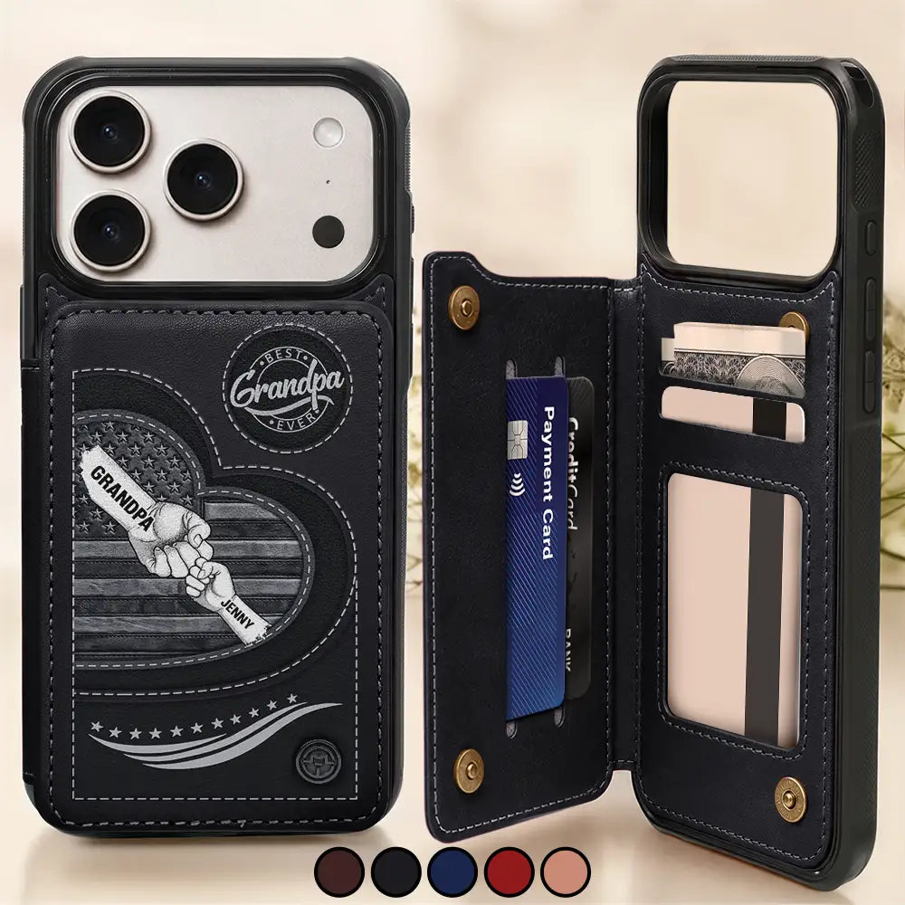 Gift For Husband,Gift For Yourself,Gift For Men,Gift For Grandpa,Gift For Father,America 250th,Independence Day,Love,Icon,Proud - American Dad Grandpa And Kids Fist Bump - Personalized Leather Flip Wallet Phone Case