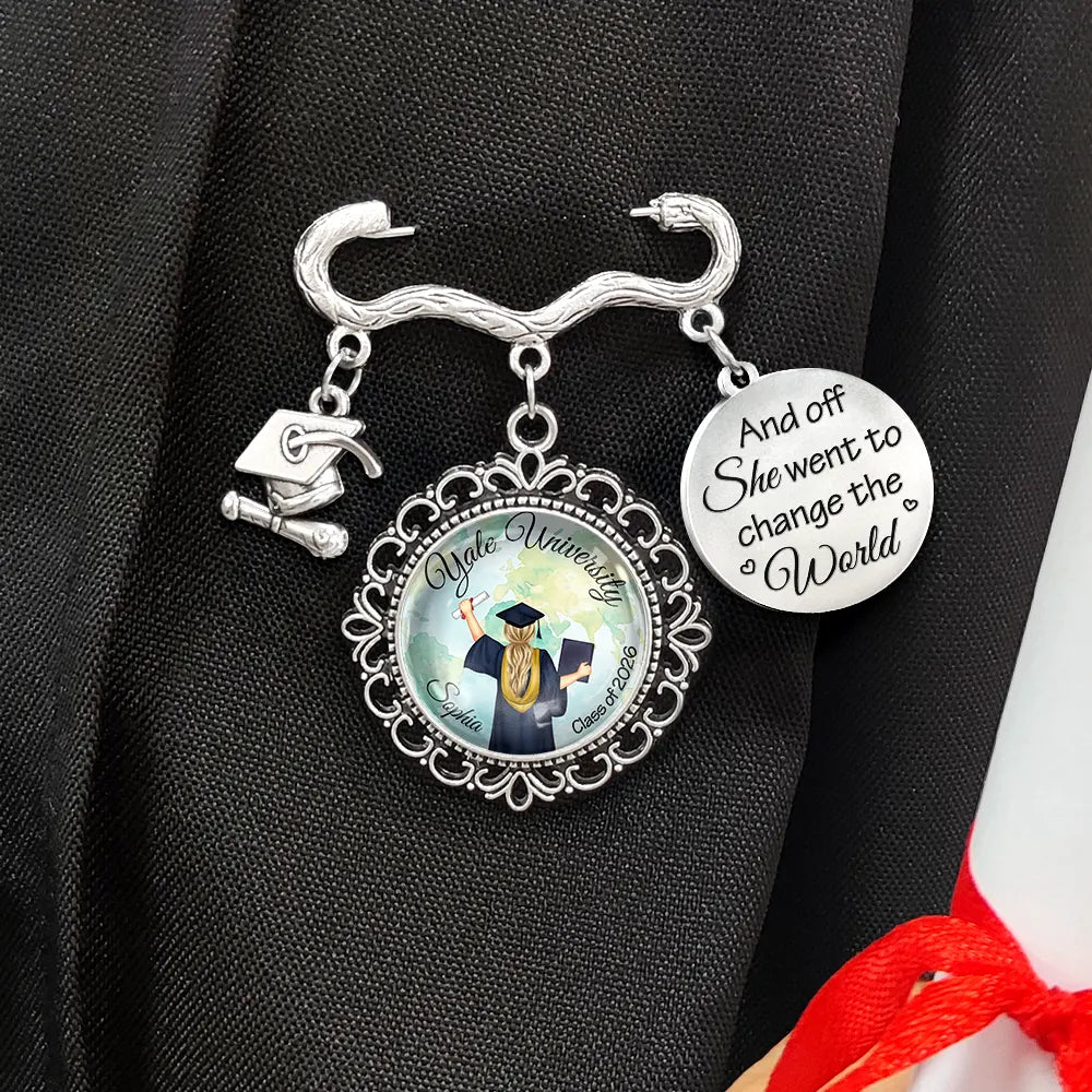 Graduation,Gift For Yourself,Gift For Women,Gift For Girlfriend,Gift For Sisters,Gift For Bestie,Happy - And Off She Went To Change The World - Personalized Graduation Tassel Pin