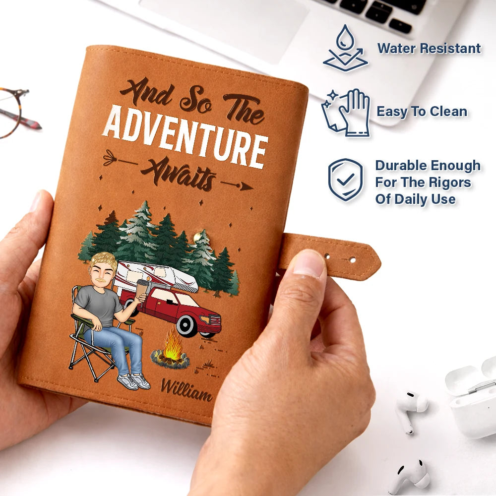 Camping, Gift For Women, Gift For Men, Happy - And So The Adventure Awaits - Personalized Leather Cable Bag