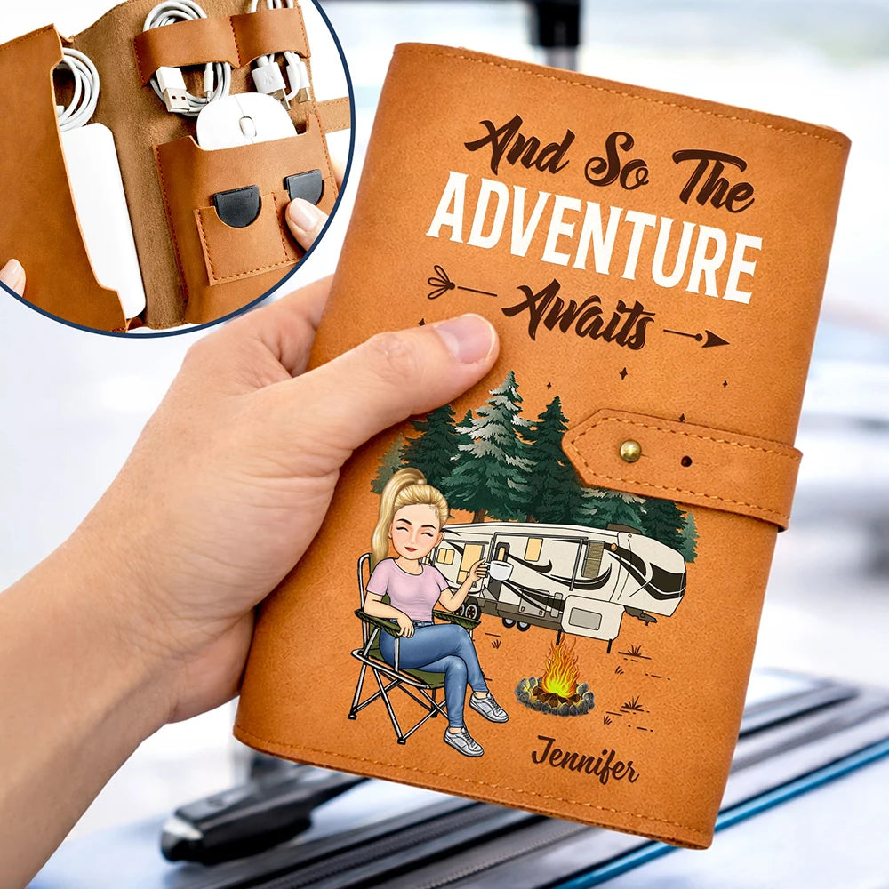 Camping, Gift For Women, Gift For Men, Happy - And So The Adventure Awaits - Personalized Leather Cable Bag