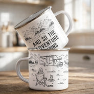 Camping,Campsite,Gift For Couples,Couple's Hobby,Happy - And So The Adventure Begins - Personalized Enamel Mug