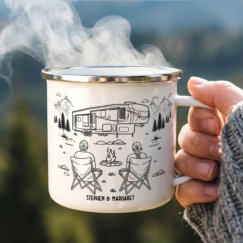 Camping,Campsite,Gift For Couples,Couple's Hobby,Happy - And So The Adventure Begins - Personalized Enamel Mug