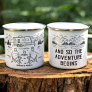 Camping,Campsite,Gift For Couples,Couple's Hobby,Happy - And So The Adventure Begins - Personalized Enamel Mug