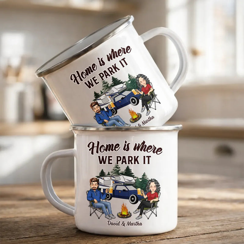 Camping,Campsite,Happy,Gift For Couples,Gift For Husband,Gift For Wife,Gift For Boyfriend,Gift For Girlfriend - And So The Adventure Begins Cartoon Couple Camping - Personalized Enamel Mug