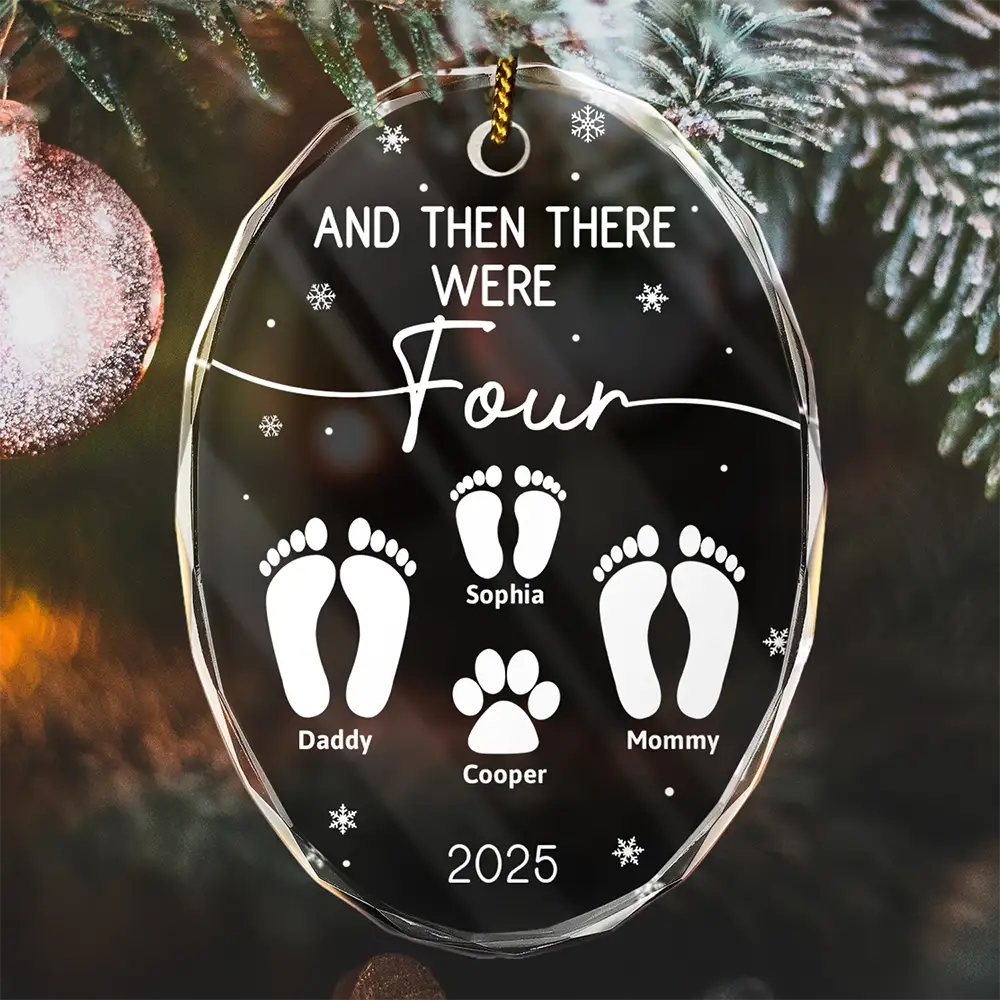 Christmas,Family,Dog Lovers,Cat Lovers,Pet Lovers,Parents,Happy - And Then There Were Four New Baby Dog Cat - Personalized Oval Glass Ornament
