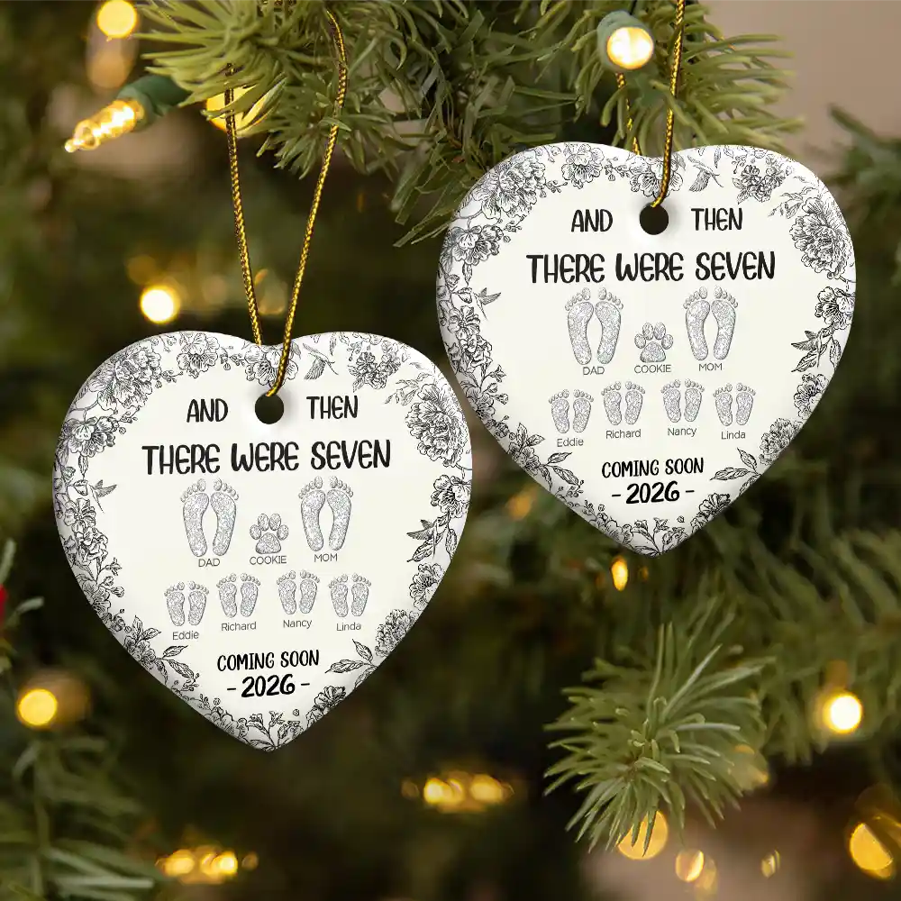Christmas,New baby,Family,Happy - And Then There Were Toile Footprints Family - Personalized Heart Ceramic Ornament