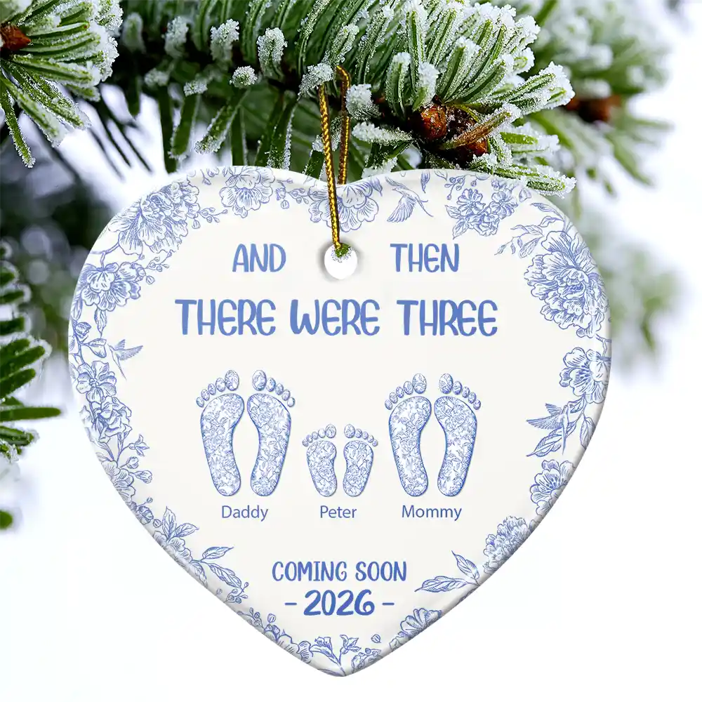 Christmas,New baby,Family,Happy - And Then There Were Toile Footprints Family - Personalized Heart Ceramic Ornament